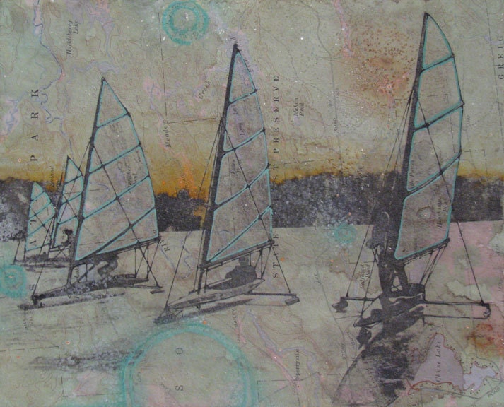 Ice Boats Drawing Mixed media - Michigan - Boat Racing - Winter -Original