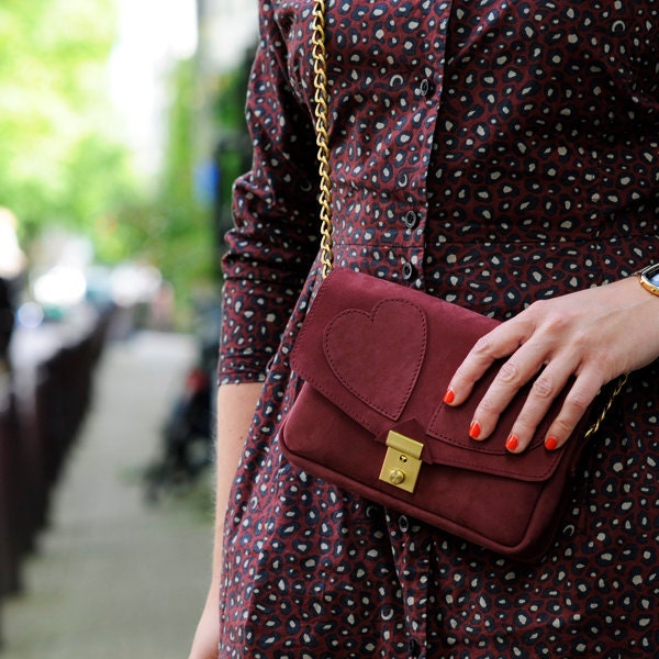 Hearts Leather Bag Burgundy, Bordeaux, handmade, heart, shoulder bag, bordeaux bag, elegant bag