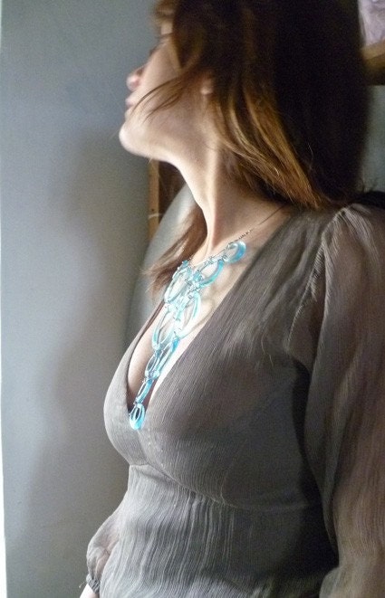 Eco friendly necklace - BUBBLE Azzurra Large - Silver and recycled glass