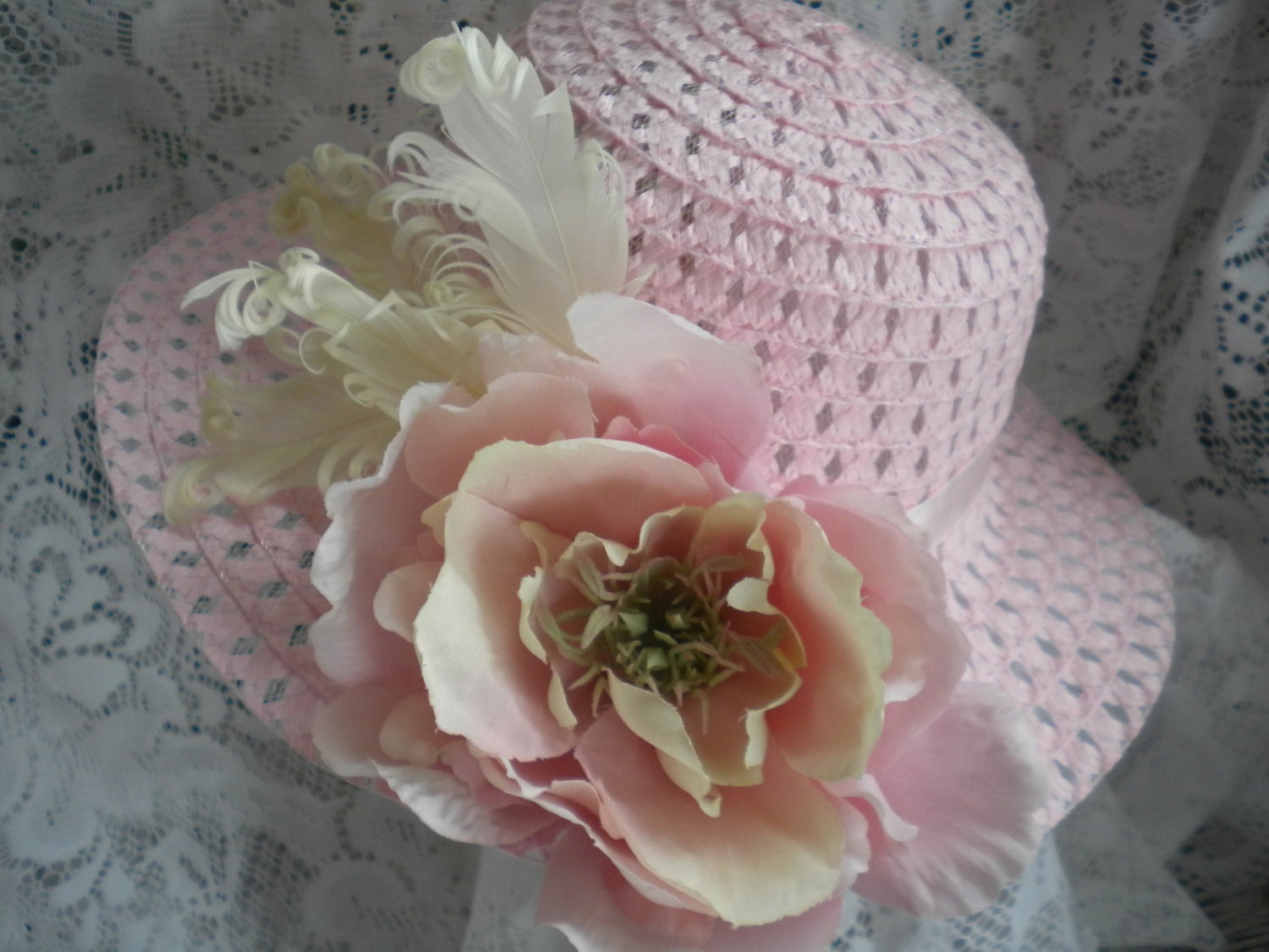 Girls derby hat with flower and feather trim -Treasury list 6x's- Available in pink or white-Church hat for girls