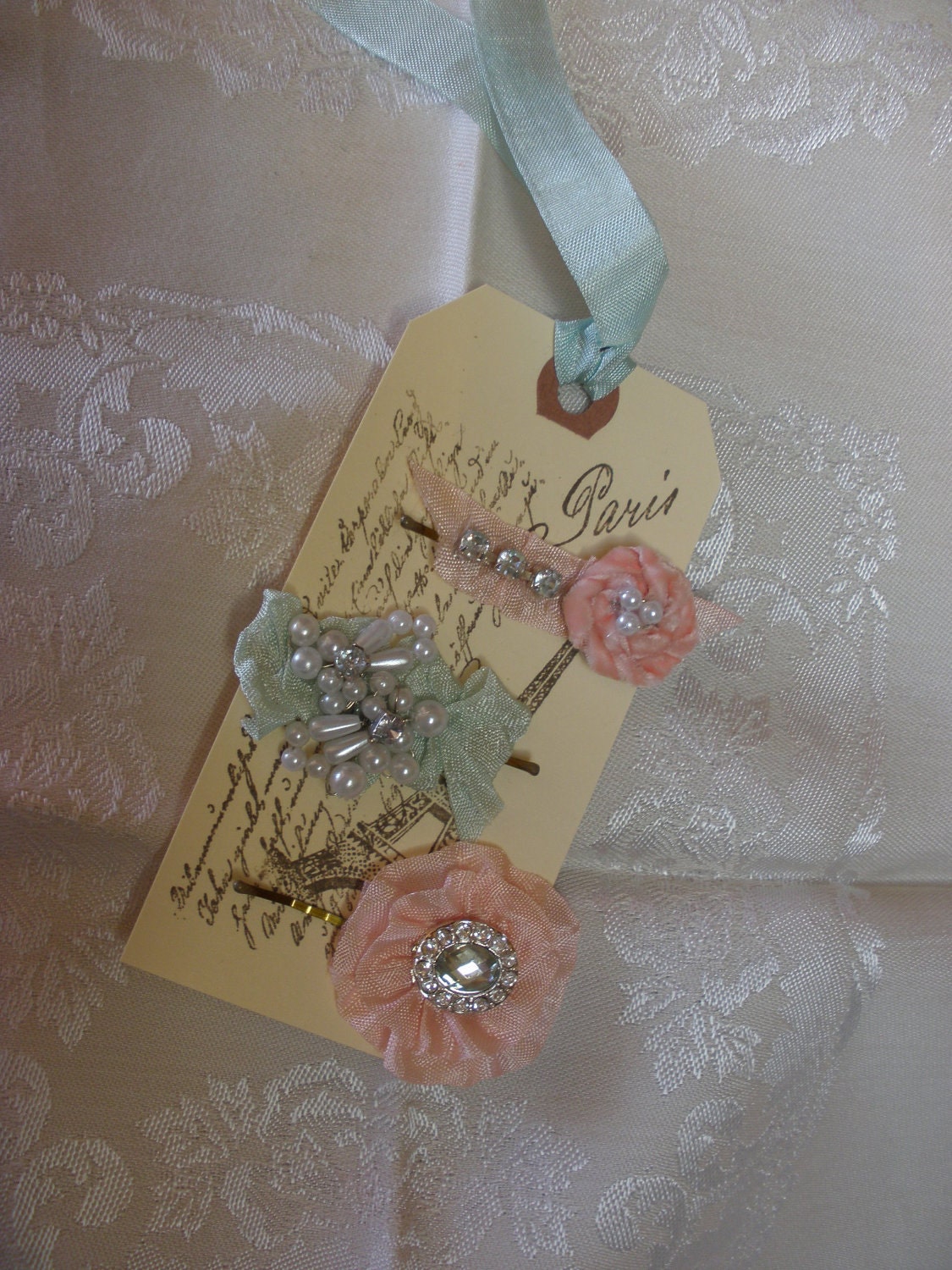 A Trio of Marie Antoinette Style French Bobby Pins With Pearls Rhinestones and Vintage Ribbons on a French Inspired Gift Tag Set One