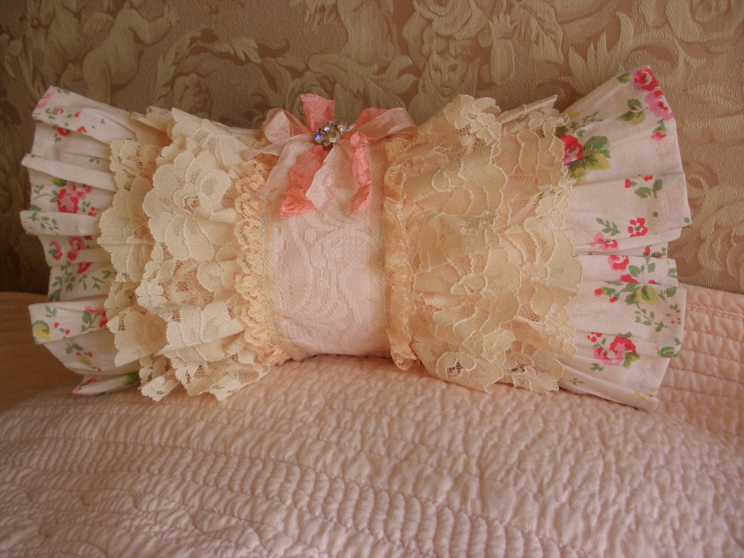 My Ladies Delicates Lace and Roses Shabby Chic Romantic Cushion with Vintage Lace and Rhinestone Earring