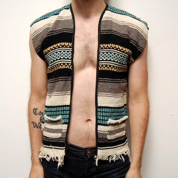 MEXICAN blanket poncho COTTON woven VEST with by CairoVintage