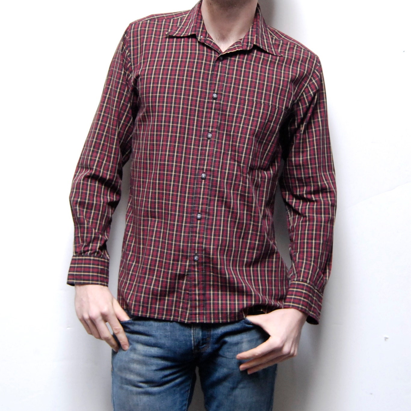 YVES SAINT LAURENT grid plaid long sleeve button up shirt