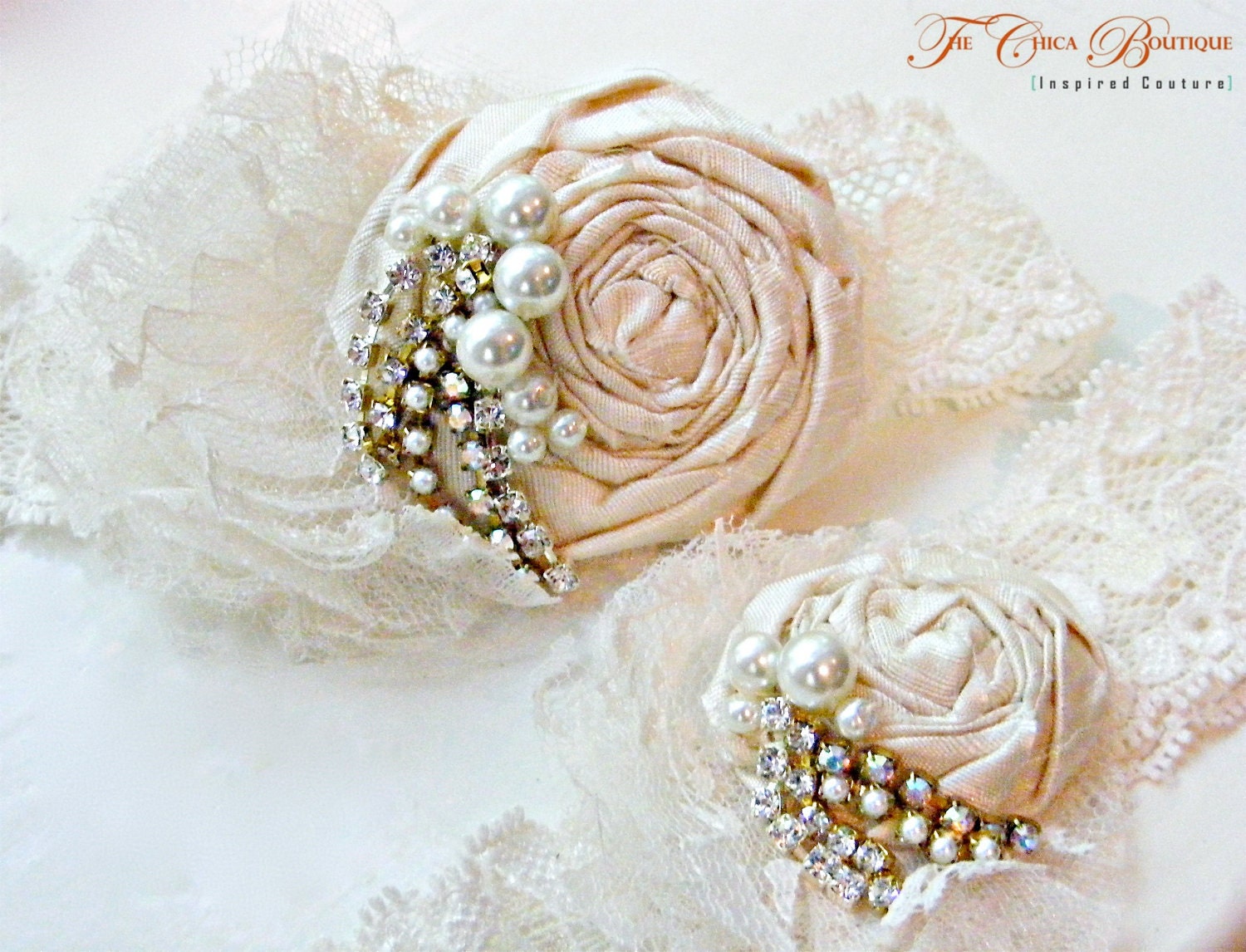 Bridal Garter Set- Rosettes-Crystals-Pearls-Vintage Lace- Design 1