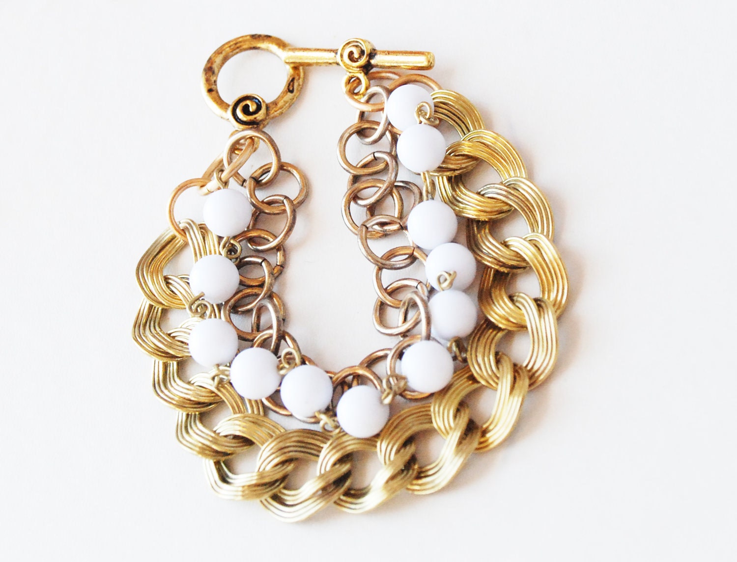 VIntage White Bead Chain, Gold link and Brass Double Link Bracelet