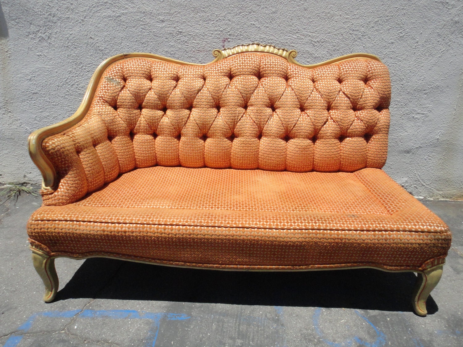RESERVE-CELESTE-French Vintage One Arm Settee Sofa with Orange Chenille Fabric (Los Angeles)