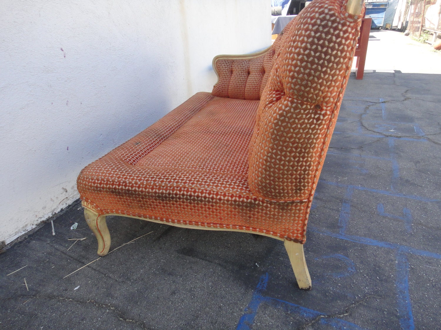 RESERVE-CELESTE-French Vintage One Arm Settee Sofa with Orange Chenille Fabric (Los Angeles)