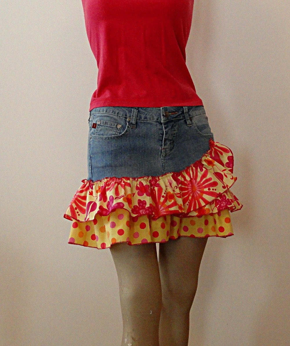 Cotton and Denim Mini Skirt - Rock'in Ruffles Blue Jeans Mini Skirt