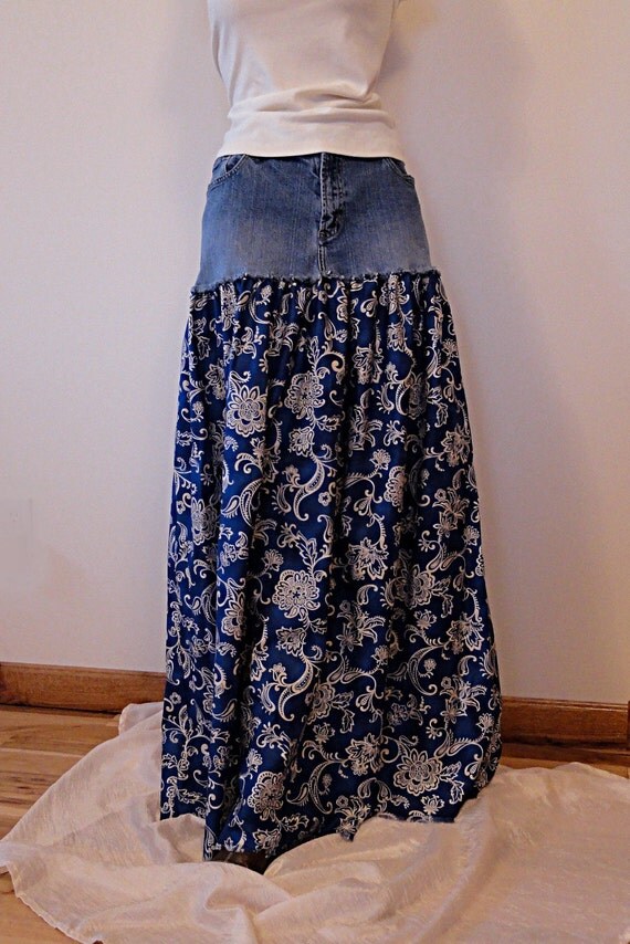 Denim & Paisley Long Skirt Upcycled Long Denim by DenimDiva2day