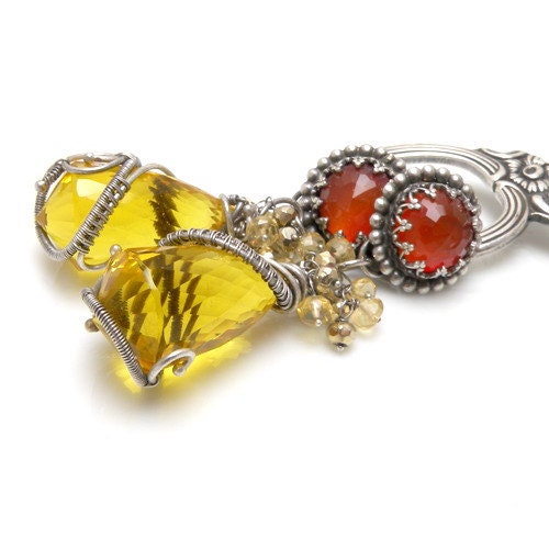 Luxury silver wire wrapped earrings with citrine , carnelian , gold pyrites , wirework , metalwork