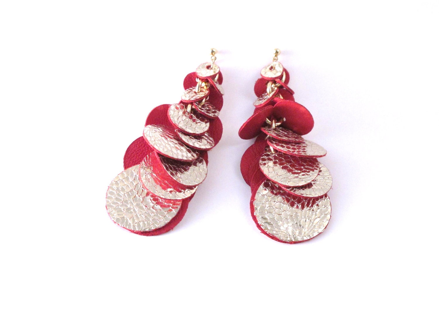 Cluster of circles earrings- red and gold