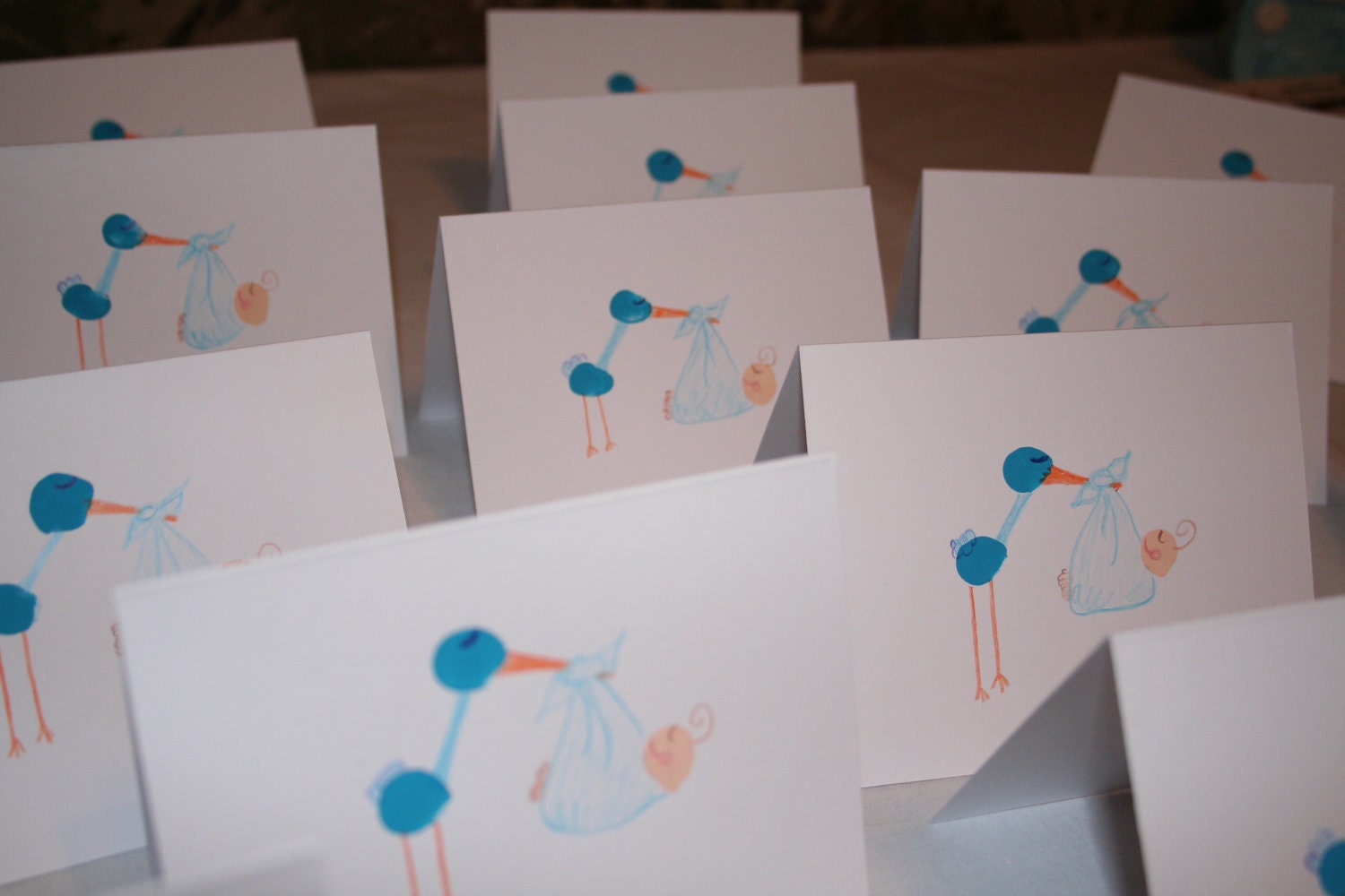 Set of 4 baby cards--Baby Shower, Baby Announcement, Baby Thank Yous--Stork, Boy, Girl, Pink, Blue