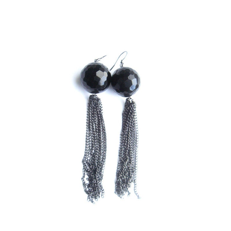 Faceted Black Onyx Disco Ball and Gunmetal Chain Dangle Earrings