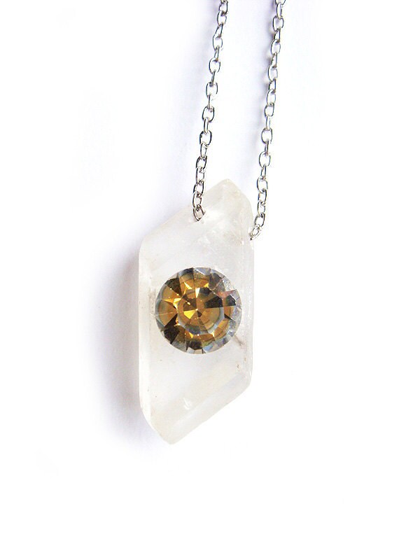 One of a Kind Geometric Cut Selenite Crystal Crystal Necklace with Vintage Swarovski Rhinestone