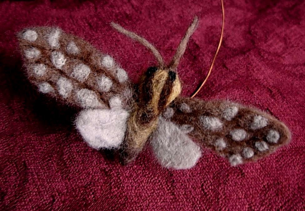 MOTH LAMP HAT -- Needle Felted Wool with golden crochetted light panels that moths are swarming around.