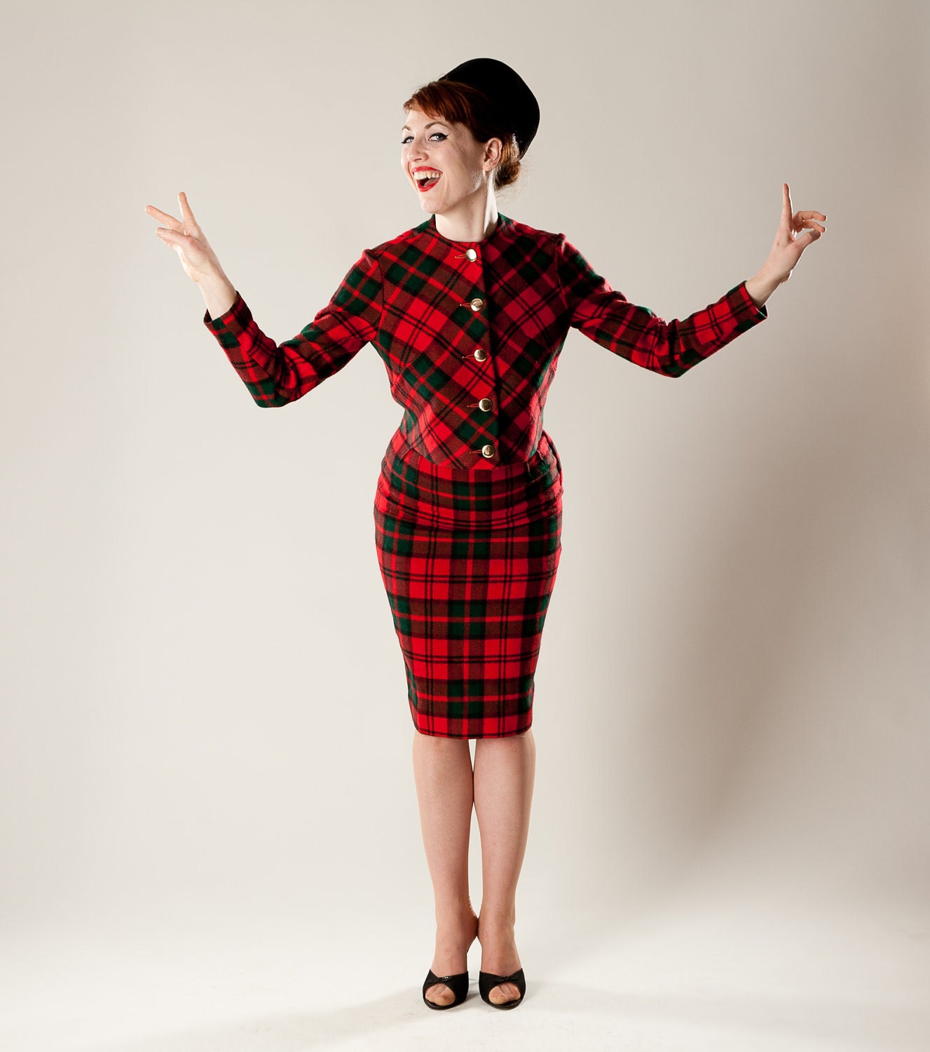 Vintage 1960s Red Plaid Suit Green Pencil Skirt Mad Men Fall Fashions