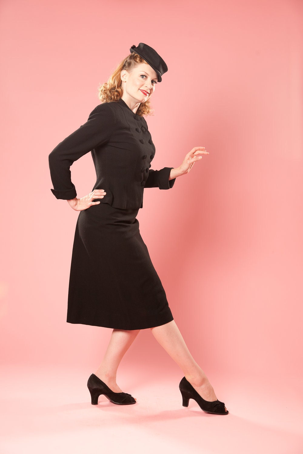 Vintage 1940s Wool Crepe Suit Black 1950s Fall Fashions