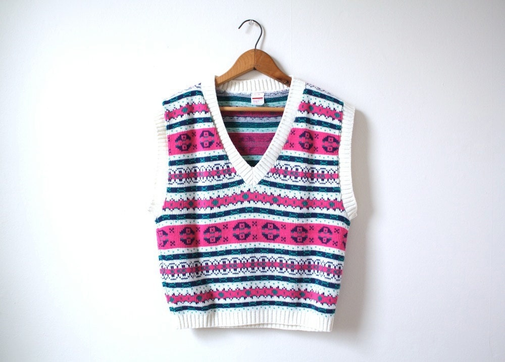 Items similar to Vintage Sweater Vest Pullover Pink and White Top Size