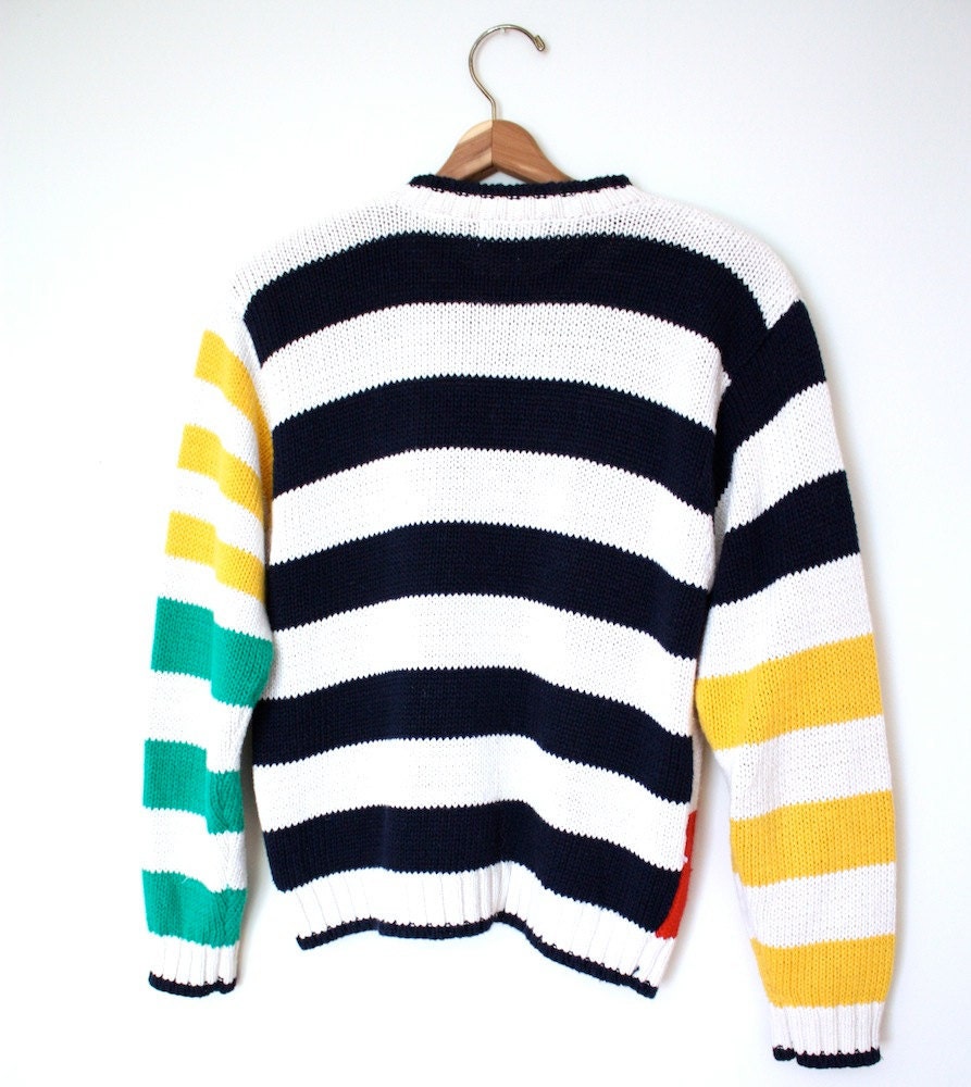 Reserved - Cardigan Rainbow 1980s Colorful Stripe Sweater Vintage Button Up Top Size Small