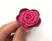 Pink crochet and leather flower ring SALE
