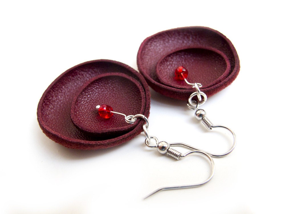 Dark red leather circle earrings SALE