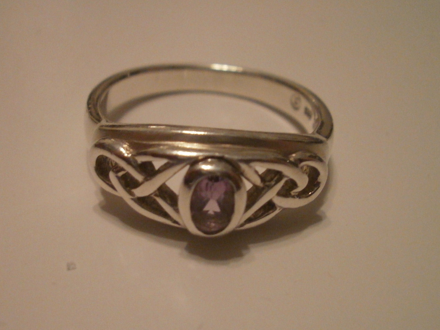 Celtic Design Sterling Silver with Amethyst Stone Ring, Size 7.5