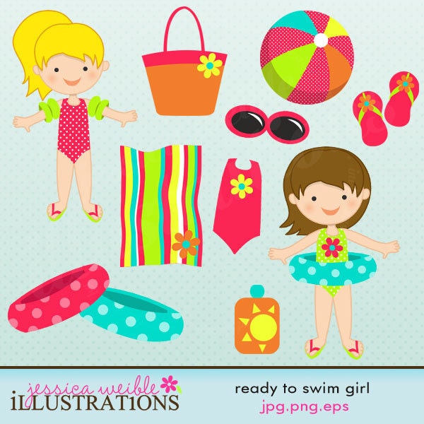 Ready to Swim Girl Cute Digital Clipart for Card Design, Scrapbooking, and Web Design Il_170x135