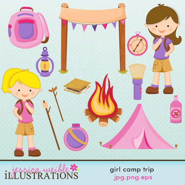 Girl Camp Trip Cute Digital Clipart for Card Design, Scrapbooking, and Web Design Il_170x135