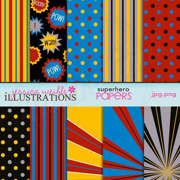 Superhero Cute Digital Papers for Card Design, Scrapbooking, and Web Design Il_570xn