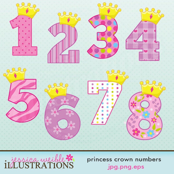 Princess Crown Numbers Cute Digital Clipart for Card Design, Scrapbooking, and Web Design Il_570xn