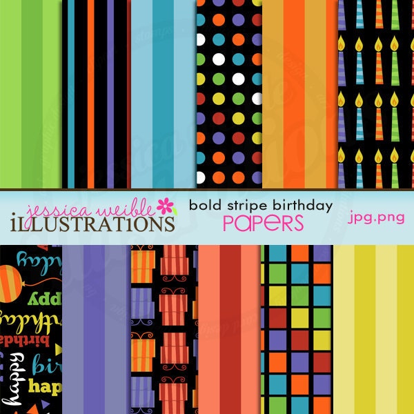 Bold Stripe Birthday Cute Digital Papers for Card Design, Scrapbooking, and Web Design Il_570xn