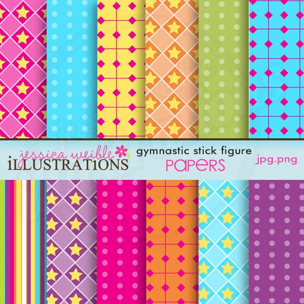 Gymnastic Stick Figures Cute Digital Papers for Card Design, Scrapbooking, and Web Design Il_570xn