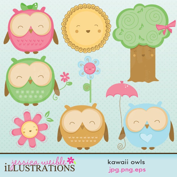 Kawaii Owls Cute Digital Clipart for Card Design, Scrapbooking, and Web Design Il_570xn