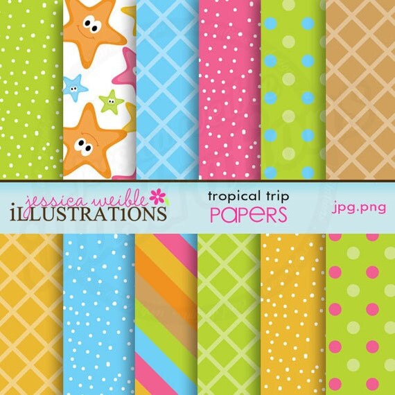 Tropical Trip Cute Digital Papers for Card Design, Scrapbooking, and Web Design Il_570xn