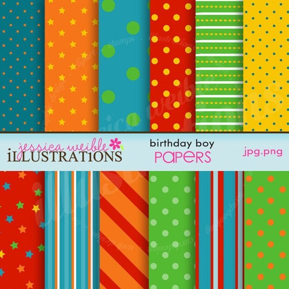 Birthday Boy Cute Digital Papers for Card Design, Scrapbooking, and Web Design Il_570xn