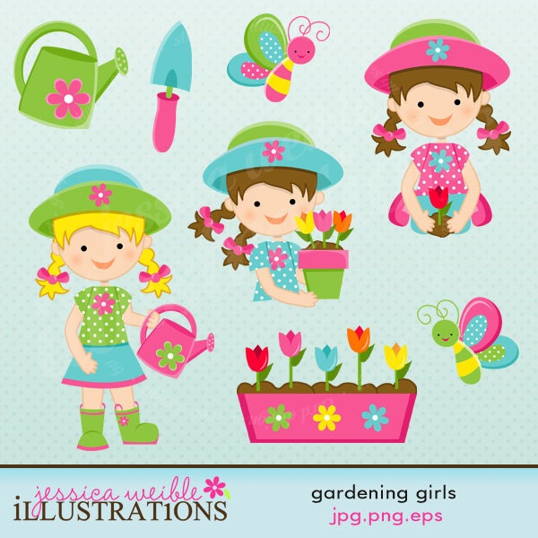Gardening Girls Cute Digital Clipart for Card Design, Scrapbooking, and Web Design Il_570xn