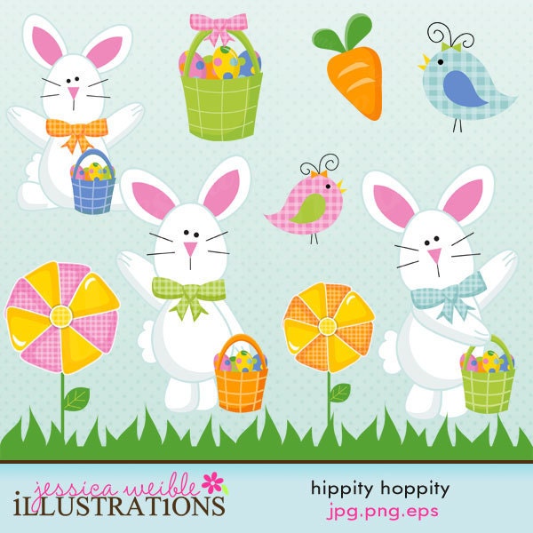 Hippity Hoppity Easter Bunny Cute Digital Clipart for Card Design, Scrapbooking, and Web Design Il_570xn