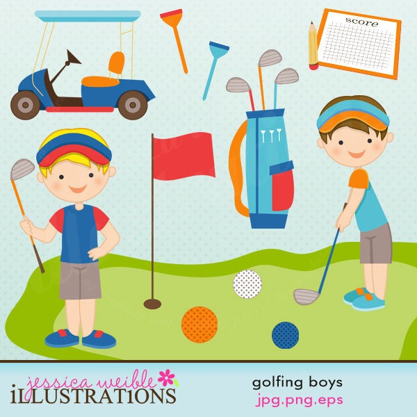 Golfing Boys Cute Digital Clipart for Card Design, Scrapbooking, and Web Design Il_570xn