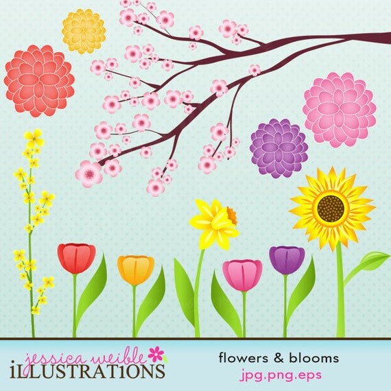 Flowers & Blooms Cute Digital Clipart for Card Design, Scrapbooking, and Web Design Il_570xn
