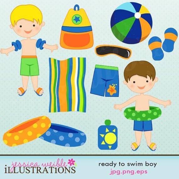 Ready to Swim Boy Cute Digital Clipart for Card Design, Scrapbooking, and Web Design Il_570xn