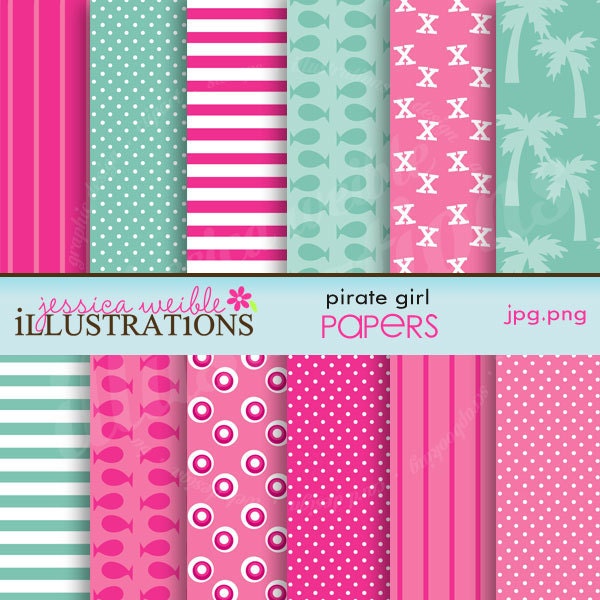 Pirate Girl Cute Digital Papers for Card Design, Scrapbooking, and Web Design Il_570xn