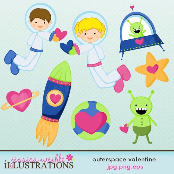 Outerspace Valentine Cute Digital Clipart for Card Design, Scrapbooking, and Web Design Il_570xn