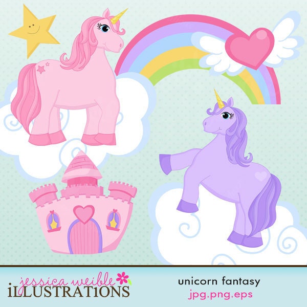 Unicorn Fantasy Cute Digital Clipart for Card Design, Scrapbooking, and Web Design Il_570xn