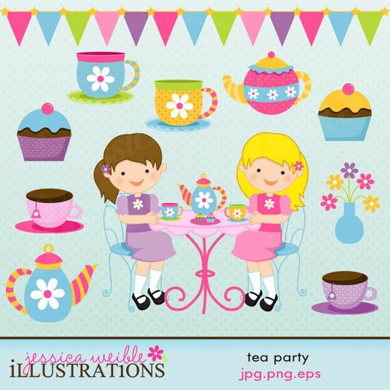 Tea Party Cute Digital Clipart for Card Design, Scrapbooking, and Web Design Il_570xn