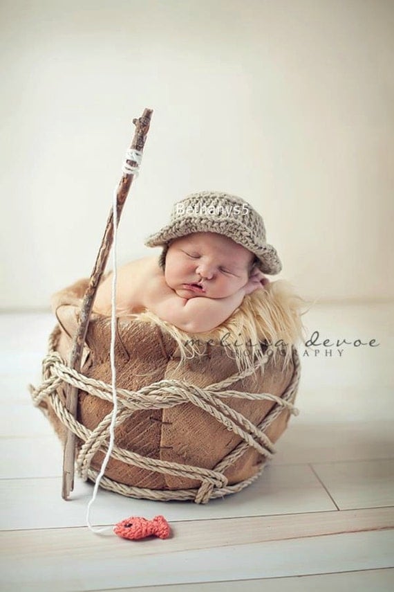 SALE Fishing Hat Crochet PROP plus Fish pick Newborn or 3-9 month sizes