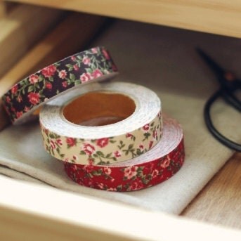 Antique Flower Fabric Deco Tape 0.6 inch (adhesive) - Beige
