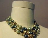 vintage 1950s Triple Strand Beaded Necklace in Greens and Gold