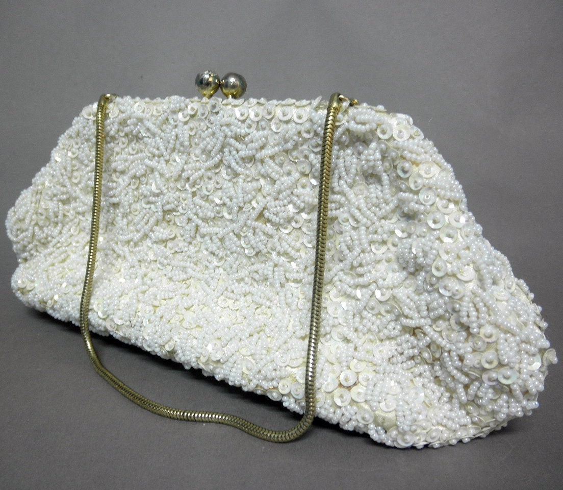 vintage 1950s Evening Bag - White Seed Beads and Sequins