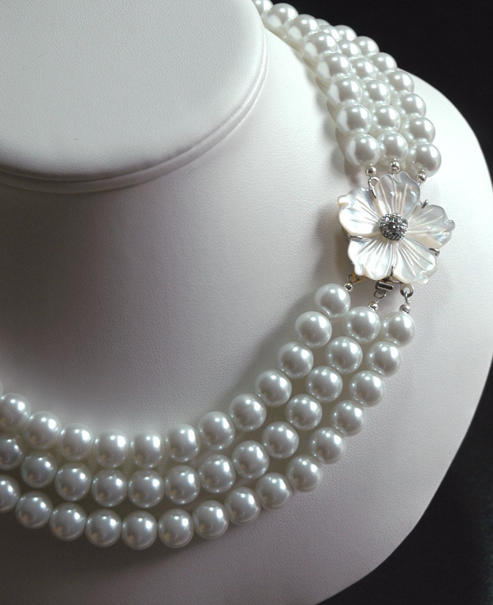 Mother of Pearl Triple Strand Pearl Wedding Necklace Flower Motif Bridal Jewelry